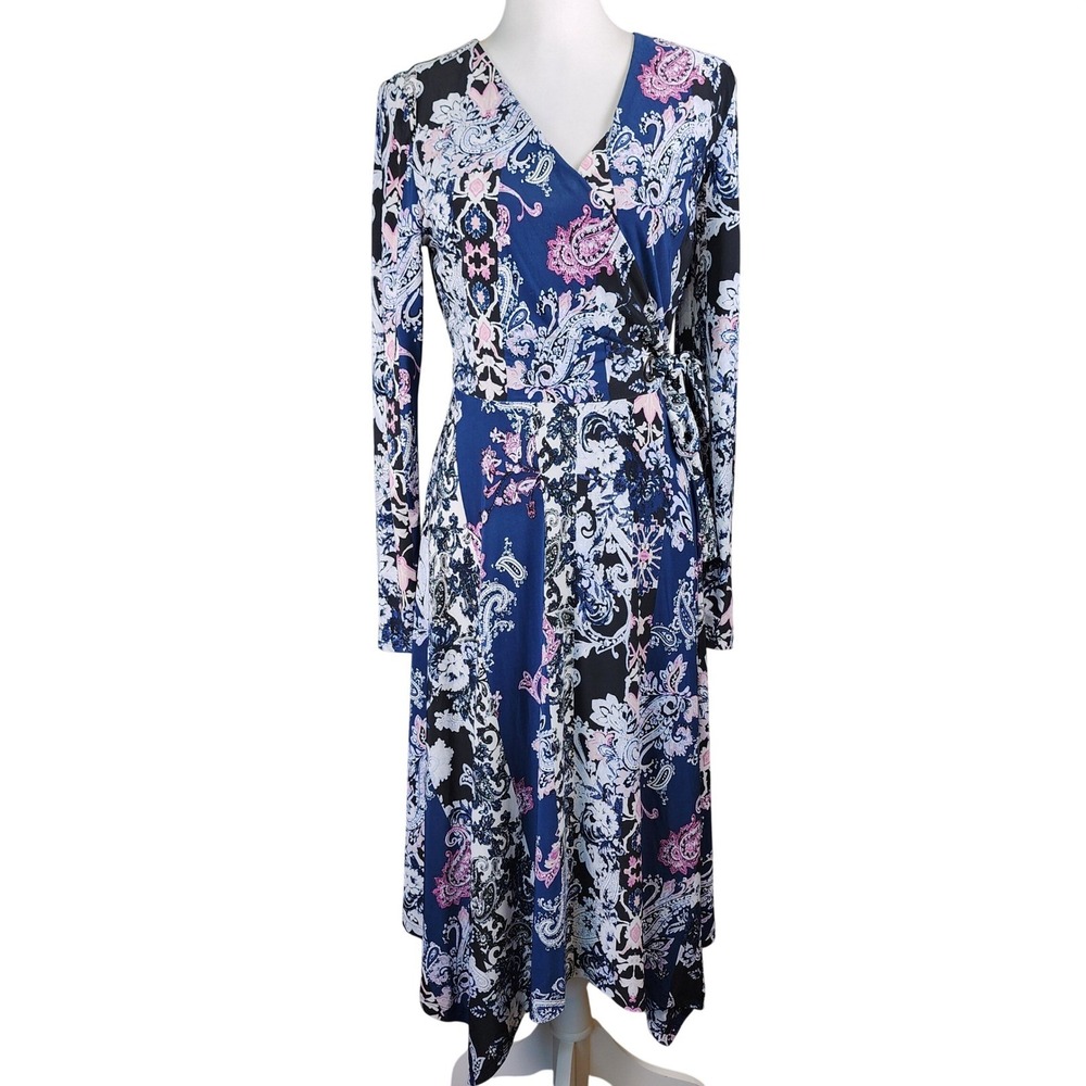 INC Midi Wrap Dress Women Small Blue Paisley Stretch Business Casual Office Boho